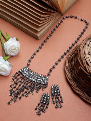 Cardinal Oxidized Metallic Color Kundan Long Chain Necklace Set
