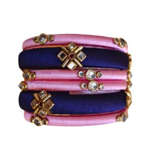 Pink & Blue Silk Thread Bangles with Mirror & Crystal Embellishments