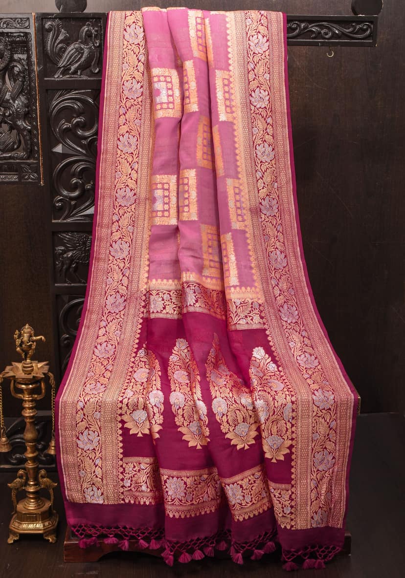 Pink Banarasi Pure Chiffon Saree with Alfi Geometric Jaal | SILK MARK CERTIFIED