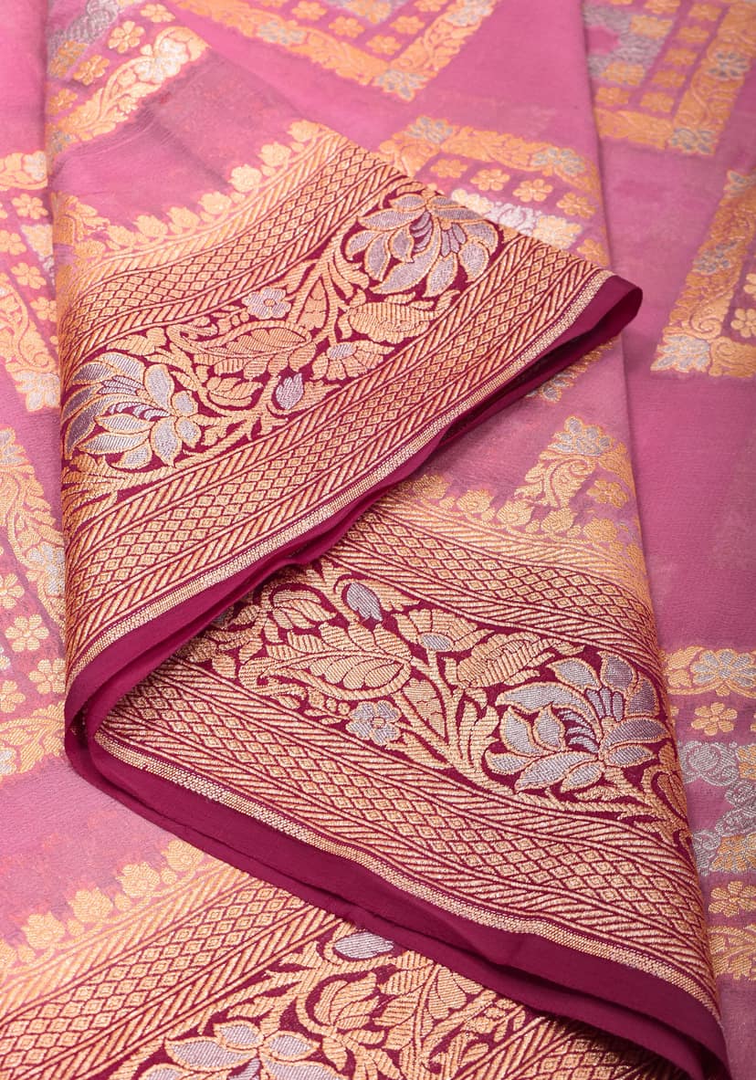 Pink Banarasi Pure Chiffon Saree with Alfi Geometric Jaal | SILK MARK CERTIFIED view 4