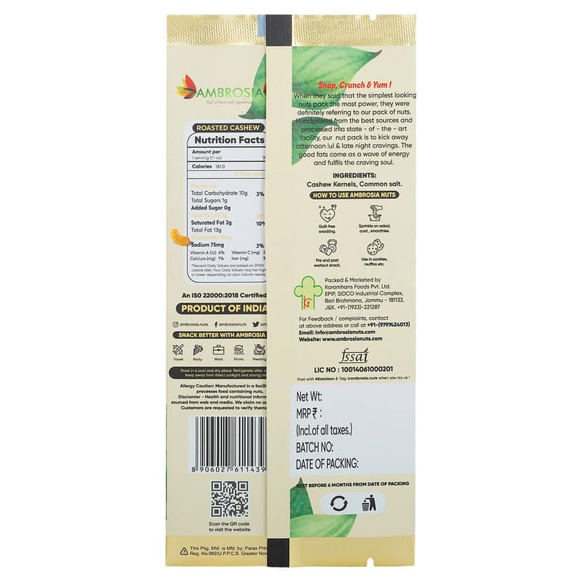 Ambrosia Indian Roasted & Salted Cashew Kernels Mini Packs 30g | Pack of 5 view 2