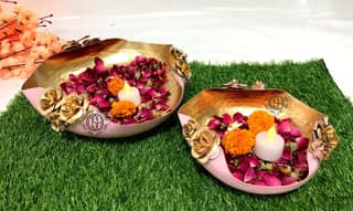 Modern Urli Bowl for Floating Flowers and Candles Home, Designer Table Decor (Pink and Gold)- Set of 2