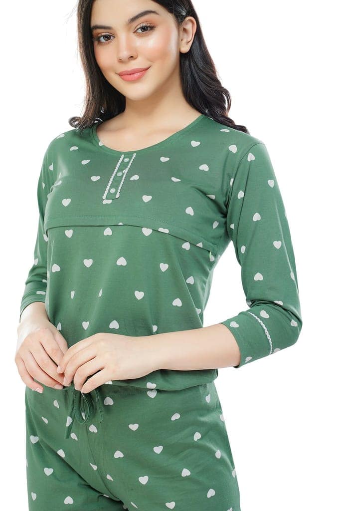 ZEYO Women Cotton Green Heart Print Nursing & Feeding Night Suit view 2