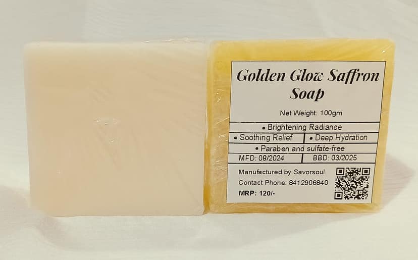 Savorsoul Golden Glow Saffron Handcrafted Bathing Soap – Pack of 4 (100g each,400g Total) Premium Saffron, Soothing sandalwood, and Nourishing Goat Milk view 5