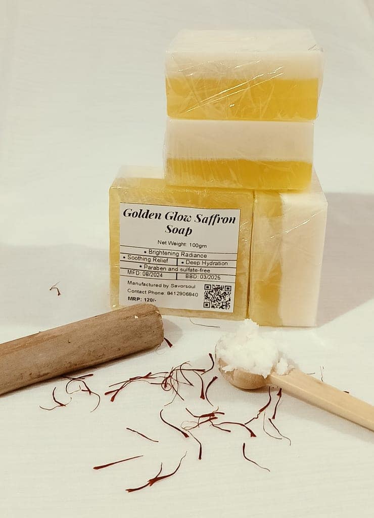 Savorsoul Golden Glow Saffron Handcrafted Bathing Soap – Pack of 4 (100g each,400g Total) Premium Saffron, Soothing sandalwood, and Nourishing Goat Milk view 8
