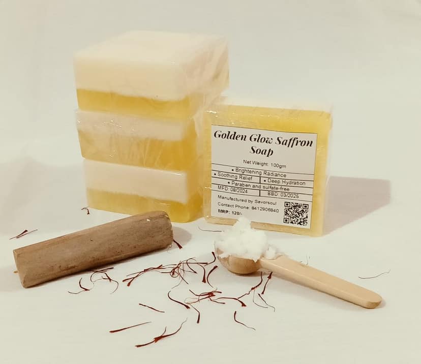Savorsoul Golden Glow Saffron Handcrafted Bathing Soap – Pack of 4 (100g each,400g Total) Premium Saffron, Soothing sandalwood, and Nourishing Goat Milk view 9