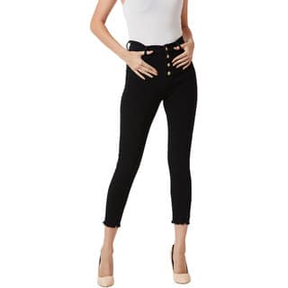 Miss Chase Women's Black Skinny High Rise Clean Look Cropped Fringed Hemline Solid Stretchable Denim Jeans