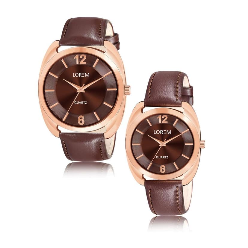 LOREM Couple Watches with Dial, Quartz Movement, Black Faux Leather Strap