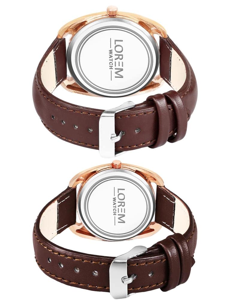 LOREM Couple Watches with Dial, Quartz Movement, Black Faux Leather Strap view 2
