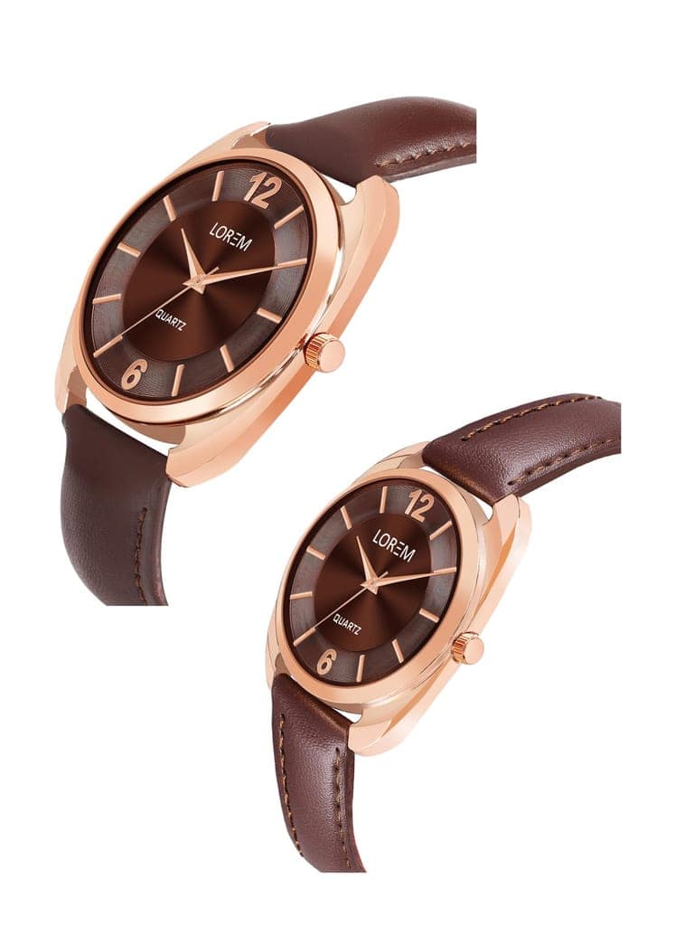 LOREM Couple Watches with Dial, Quartz Movement, Black Faux Leather Strap view 3