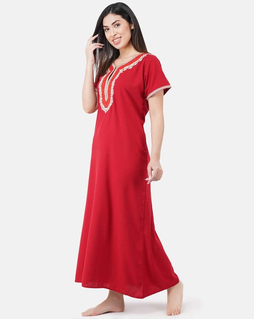 KOI SLEEPWEAR Premium Women White Contrast Embroidery Night Gown Lizzybizzy Cotton Nighty Maxi (X-Large, RED)� view 2