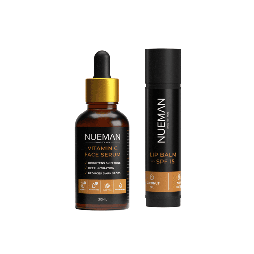 NUEMAN Vitamin C Face Serum (30ml) + Lip Balm with SPF 15 (5g) | Combo for Men | Brightens Skin, Fades Dark Spots, Repairs Dry, Chapped Lips | Non-Sticky, Fragrance-Free, Dermat-Tested | Made in India