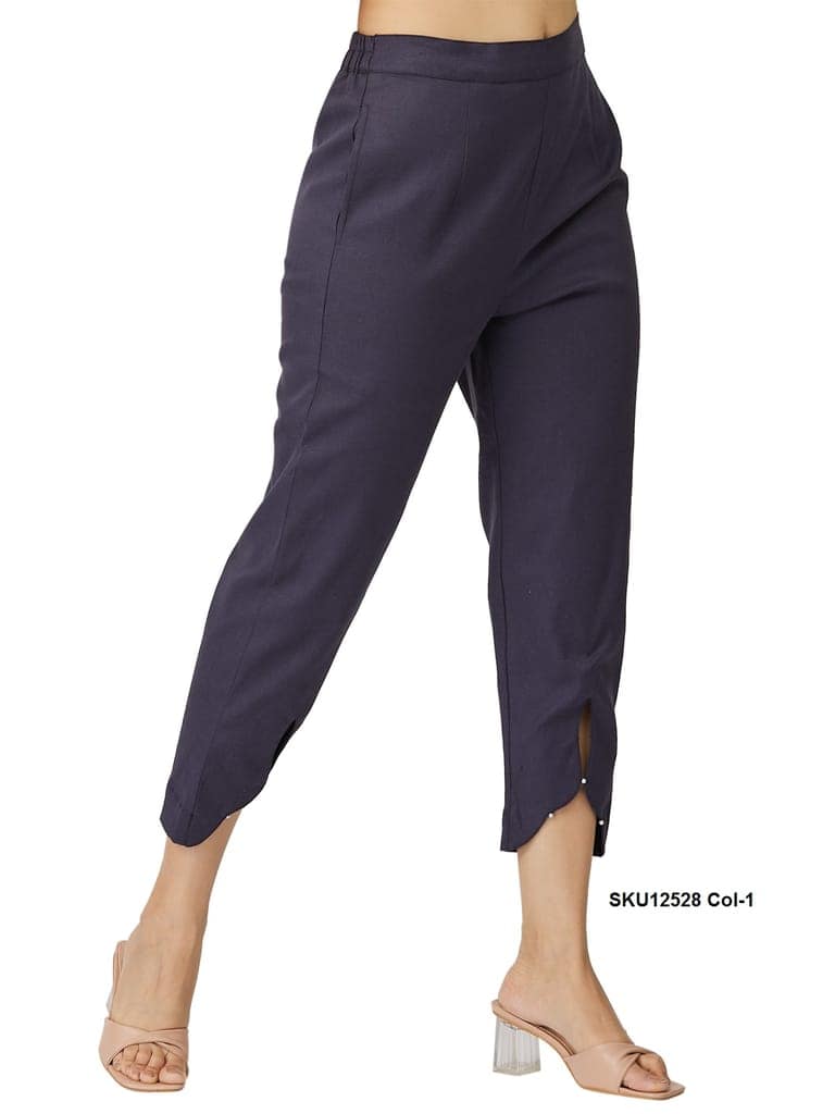 Stylish Dark Blue Cotton Ankle-Length Pants for Women