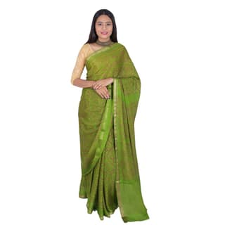 Tribes India Handwoven Green and Orange Bandhej Saree
