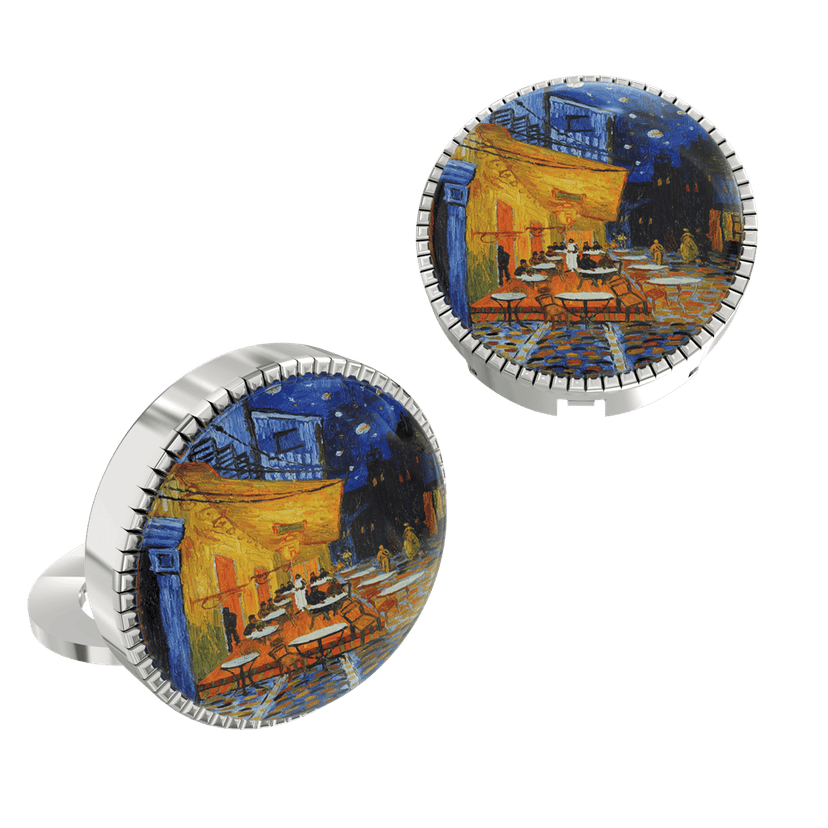 The Smart Buttons - Shirt Button Cover Cufflinks for Men - Cafe Terrace at Night Inspired by Vincent van Gogh view 2