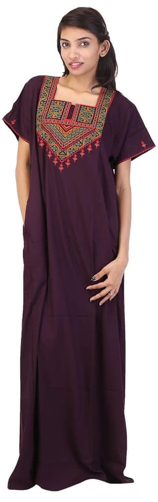 VALENCIA SLEEPWEAR lissybissy Cotton Resham Embroidery Nighty Night Gown Maxi for Women A line (Dark Wine)