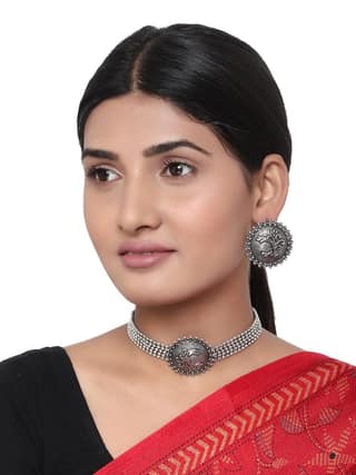 Cardinal Oxidized Silver Color Choker Necklace Set