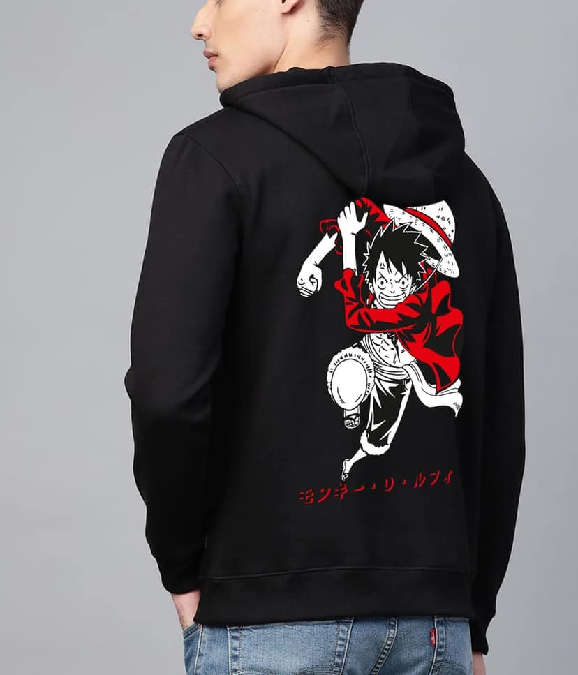 SCOTT FINCHER Men's Black Luffy Printed Black Hoodie : AA(RSHOD)BLACK_134