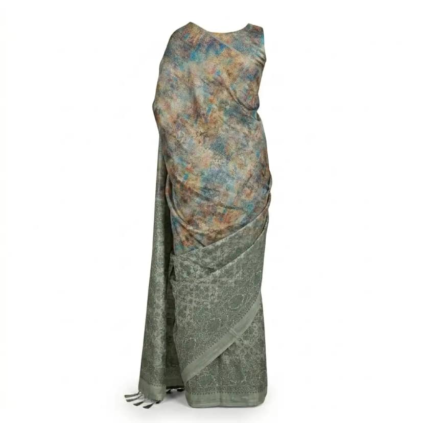 Gray Green Sambalpuri Saree view 2