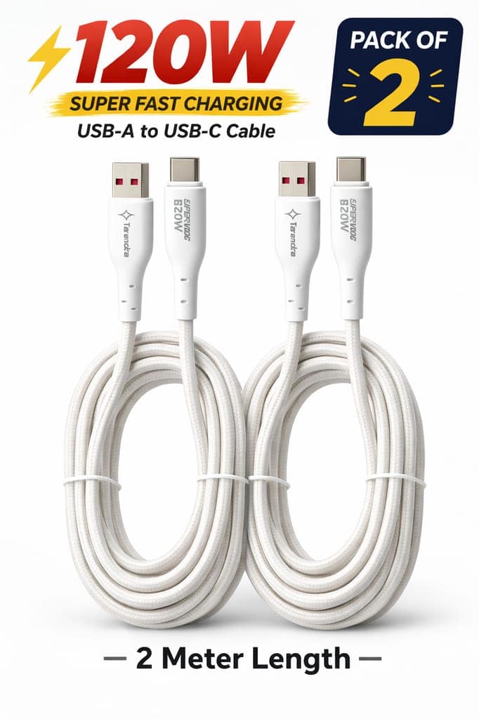 Tarendra 2M USB Type-C Fast Charging Cable 120W 5-Core Copper Wire Nylon Braided Unbreakable SuperVOOC VOOC Warp Dash Dart Support 200,000+ Bend 12 Month Warranty