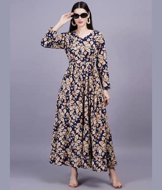 HIGHLIGHT FASHION EXPORT Women Rayon Printed Fit & Flare Dress ( Blue )