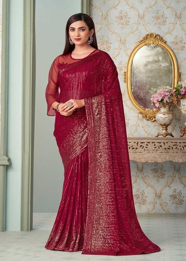 Embroidered Georgette Saree in Red