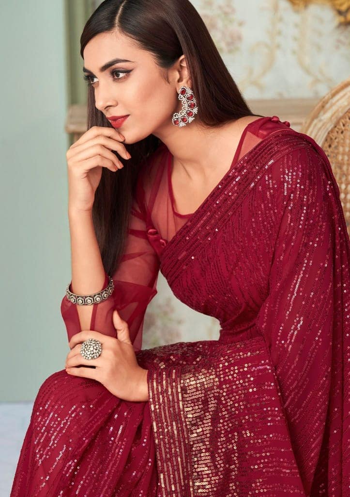 Embroidered Georgette Saree in Red view 2