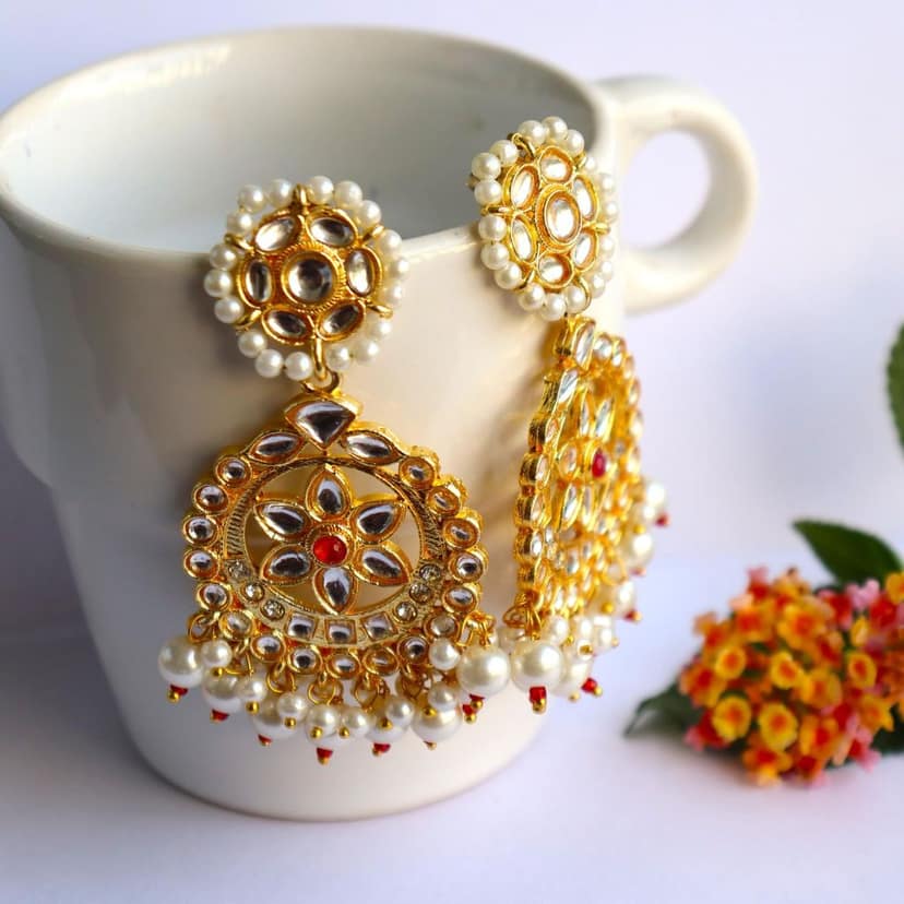 iha Pearl Jadau Chandbali Earrings|Fashion Jewellery|Earrings for Women and Girls view 5