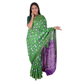 Tribes India Handwoven Green and Violet Bandhej Saree