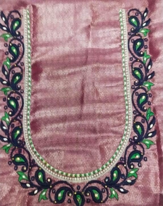 Green and blue embroidered blouse neck design