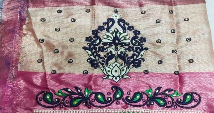 Green and blue embroidered blouse neck design view 2