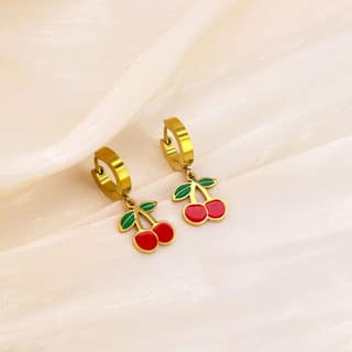 Red Fruits Dangle Hoops Earring for Women Girls Gold Plated Stainless Steel Chunky Fashion Strawberry Watermelon Cherry Fruit Statement Drop Dangling Huggie Hoops Hypoallergenic Jewelry
