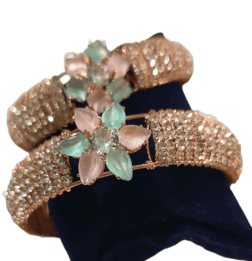 American Diamond Rose Gold Plated Bangle Bracelet with Pink and Green Stones