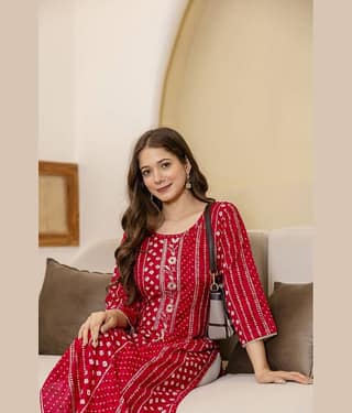 Kapadia Women Viscose Rayon Embroidered Straight Kurti ( Red )