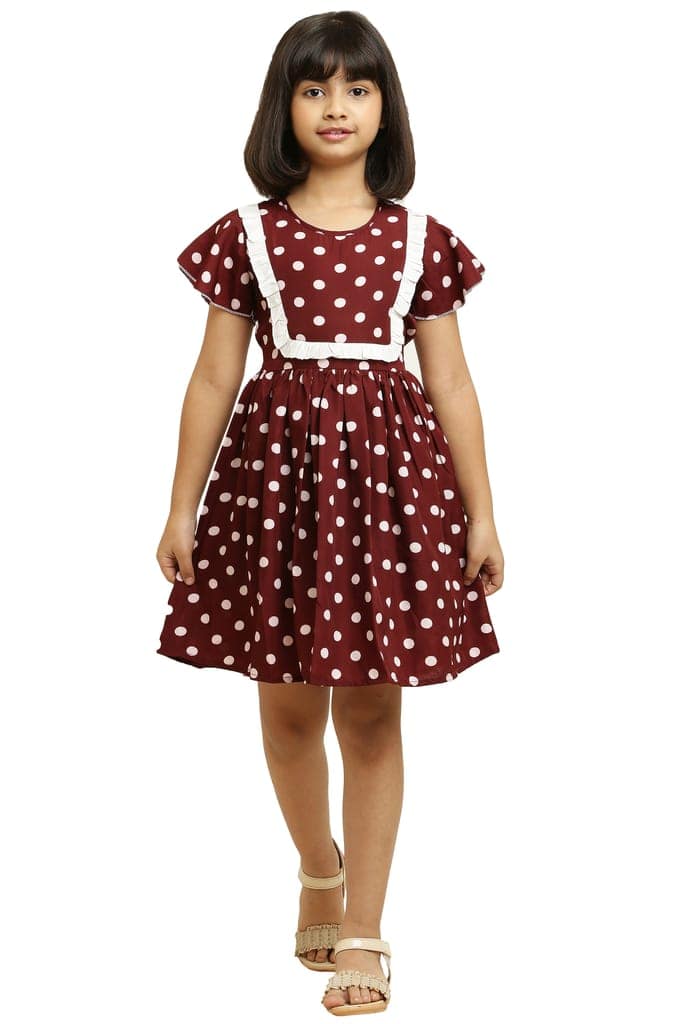 Ethnic Brown Dot Printed Frock With Lining & Frill for girls