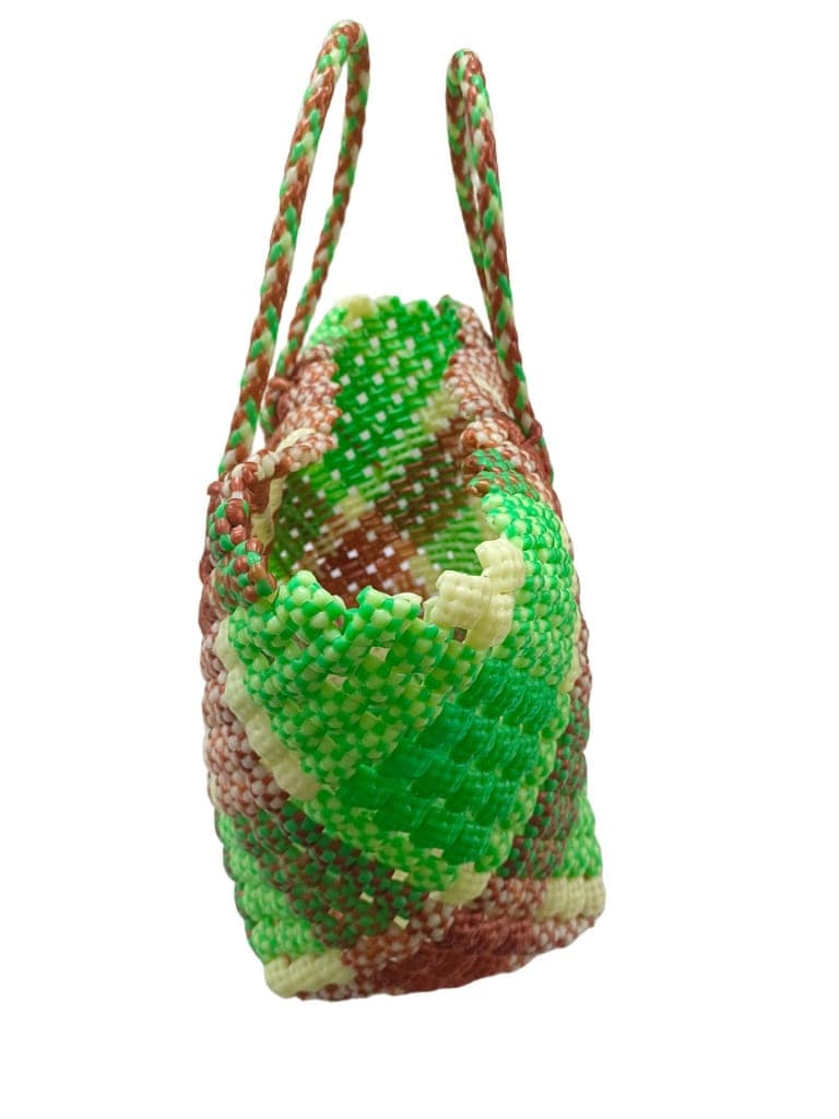 Handmade Green and Brown Plastic Woven Mini Tote Bag with Double Handles view 2