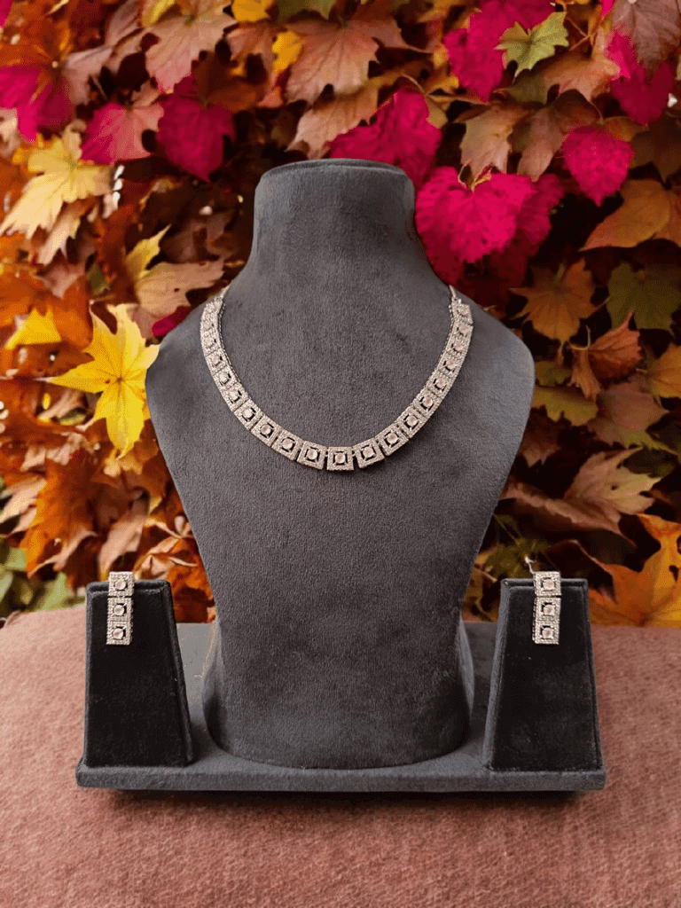 Elegant and Stylish Silver Necklace Set with Pink Stones view 7