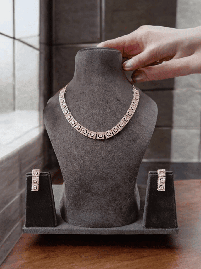Elegant and Stylish Silver Necklace Set with Pink Stones view 8