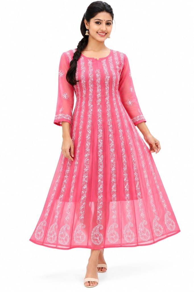 Mrs Right Women’s Lucknowi Chikankari Anarkali Kurta in Soft Georgette | Handcrafted Floral Embroidery | 3/4 Sleeves | 45 Inch Length | 74 Inch Flare | Festive Ethnic Wear