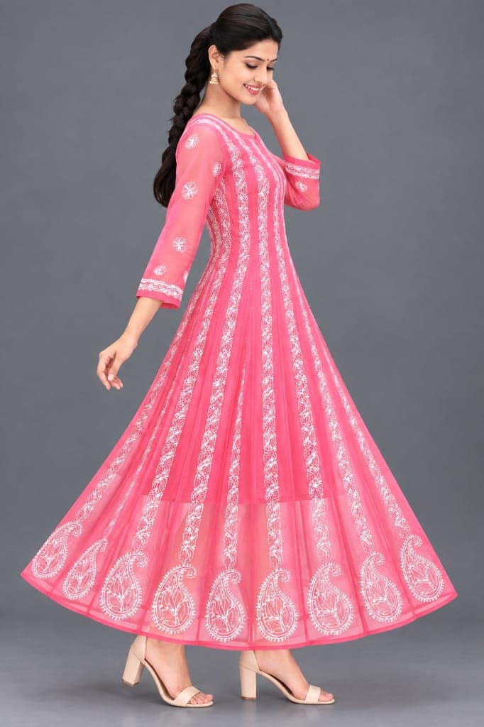 Mrs Right Women’s Lucknowi Chikankari Anarkali Kurta in Soft Georgette | Handcrafted Floral Embroidery | 3/4 Sleeves | 45 Inch Length | 74 Inch Flare | Festive Ethnic Wear view 3