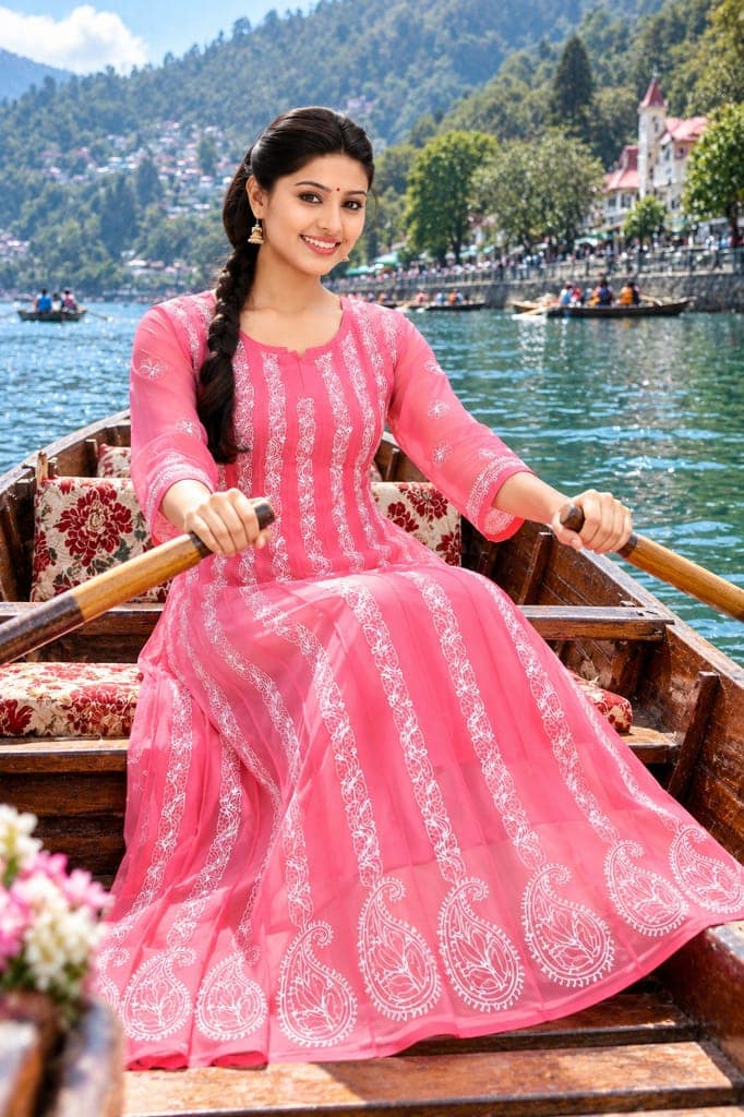 Mrs Right Women’s Lucknowi Chikankari Anarkali Kurta in Soft Georgette | Handcrafted Floral Embroidery | 3/4 Sleeves | 45 Inch Length | 74 Inch Flare | Festive Ethnic Wear view 5