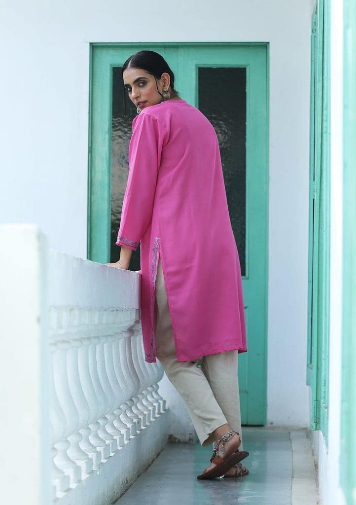 HOC Crafts Aari Embroidered Cotton Solid Women's Long Kurta - Pink view 6