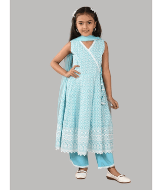 HLGARMENTS Girls Cotton Anarkali Suit Set ( Pack of 3 , Sky Blue )