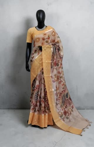 Kota Doria Block-Print Cotton-Silk Saree with Peacock, Zari Border