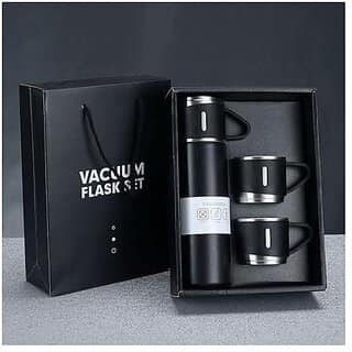 Stainless Steel 500ml Vacuum Flask Set with 2 Cups | Double Wall Insulated Bottle, Premium Gift Pack (Assorted Colors)