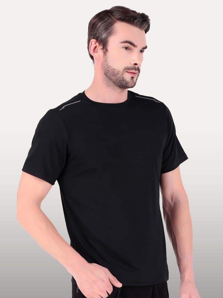 Freecultr Men's Activewear Sports T-Shirt Quick Dry Half Sleeve Plain Soft & Stylish Polyster Dry Fit Gym Workout Running Casualwear T Shirts for Man Pack of 1-Black view 3