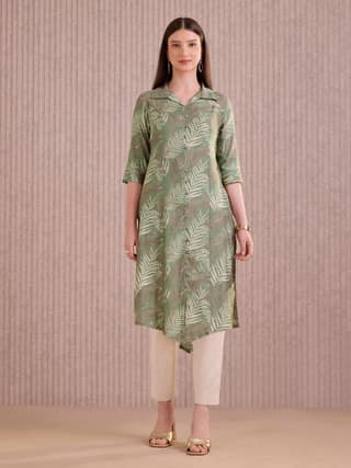 Olive Green Viscose Blend Printed Kurti