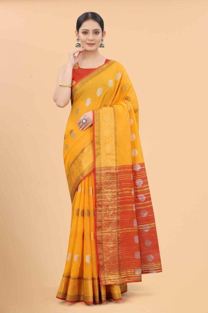 Women's Pure Cotton Woven Saree With Unstiched Blouse Piece