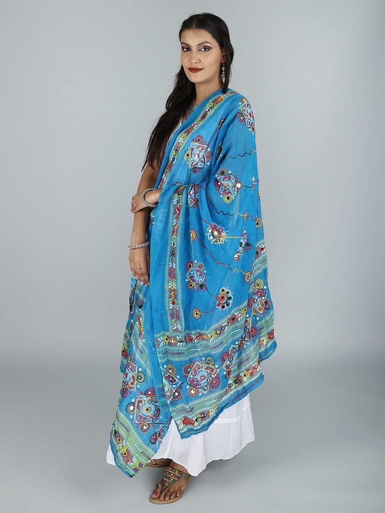 Diva-Blue Printed Dupatta from Kutch with Hand-Embroidered Florals and Mirrors view 4