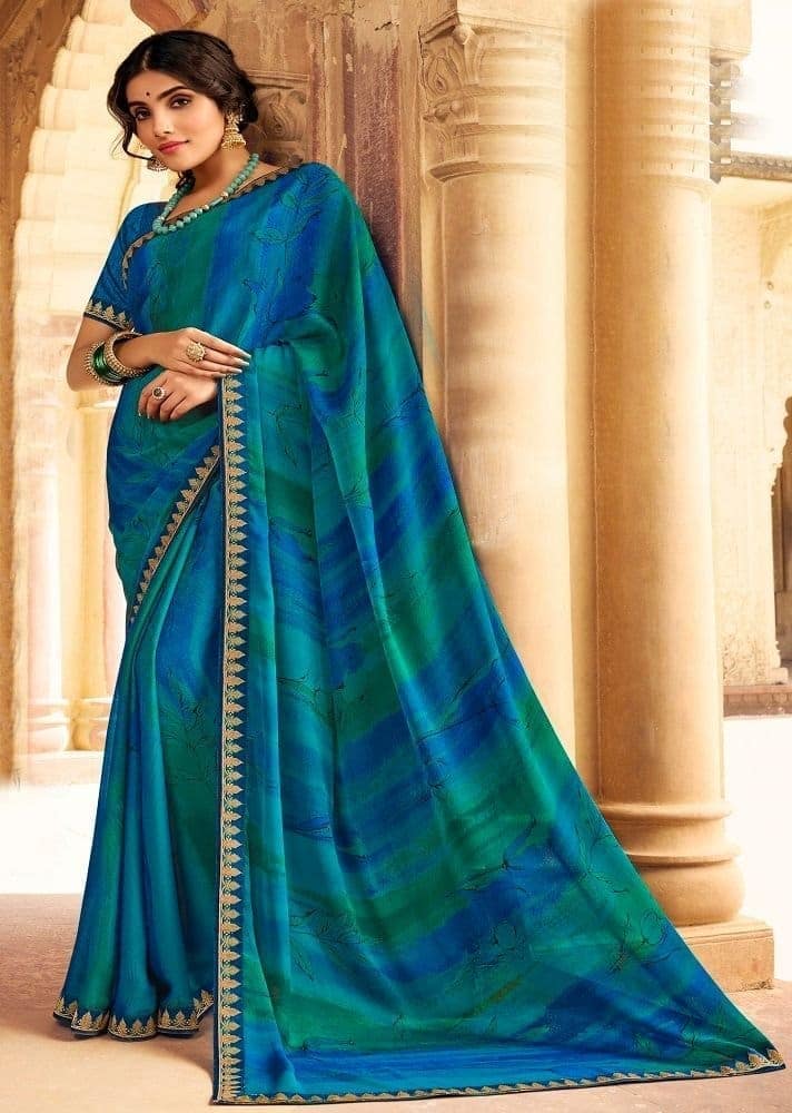 Multicolor Color Digital Print Georgette Silk Saree With Zari Border And Fancy Zari Blouse Piece